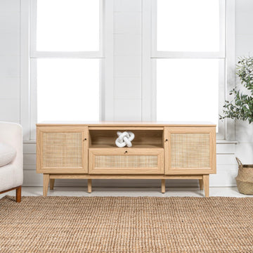 Finley 59 in. Farmhouse Caned TV Stand with Drawer and Storage Doors Fits TVs up to 65 in. with Cable Management - JONATHAN Y
